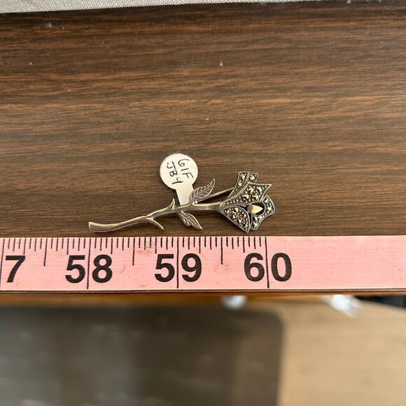 Sterling Silver and Marcasite Rose Pin Brooch Jewelry - Picture 2 of 2